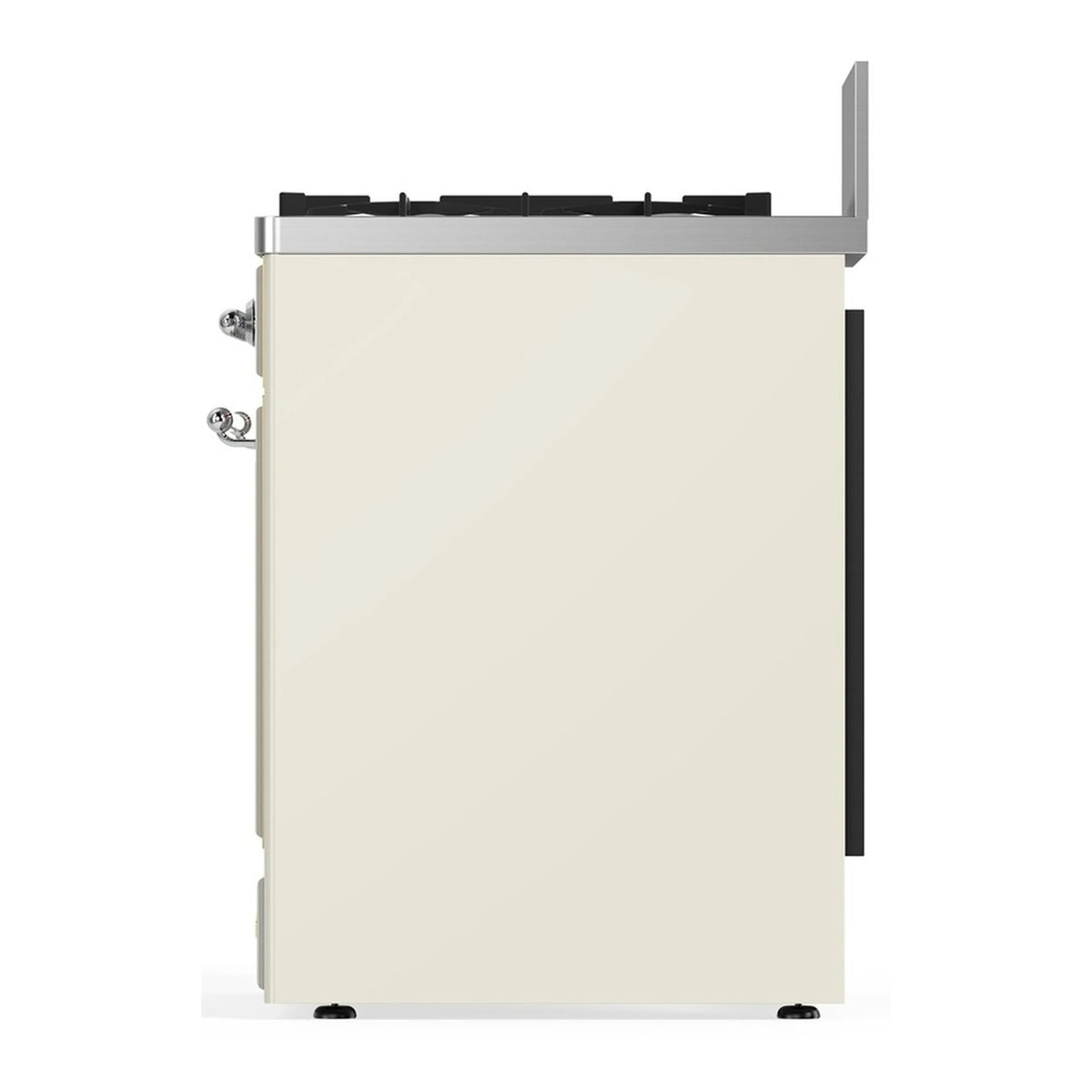 Antique white dual fuel range side panel view with chrome knobs and burner back
