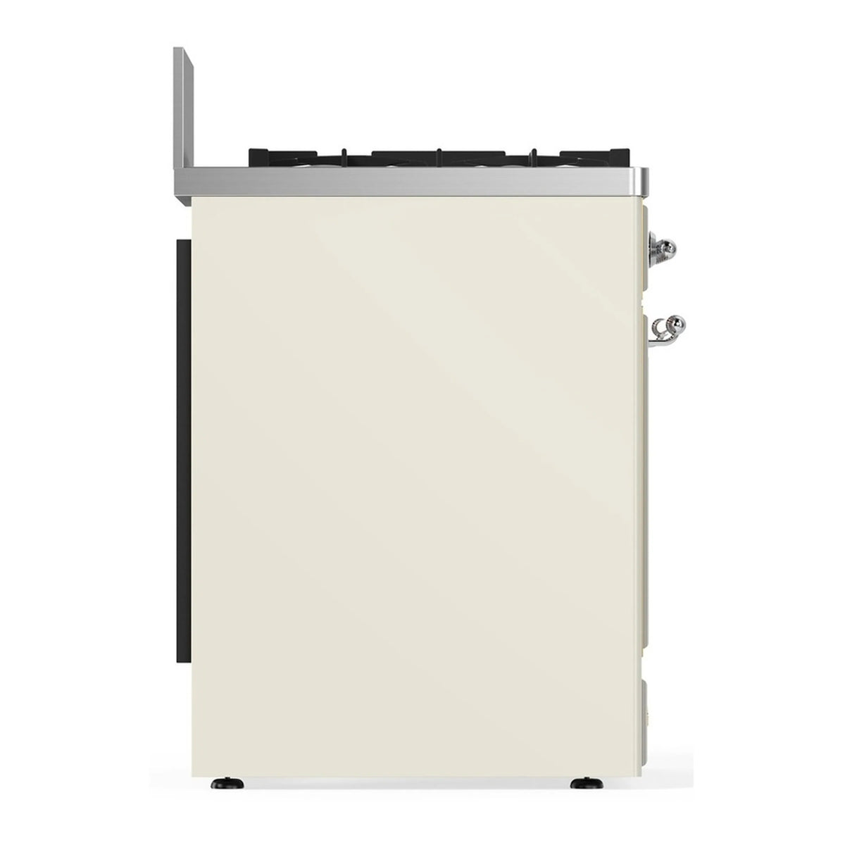 Antique white dual fuel range rear side view with chrome trim and control side