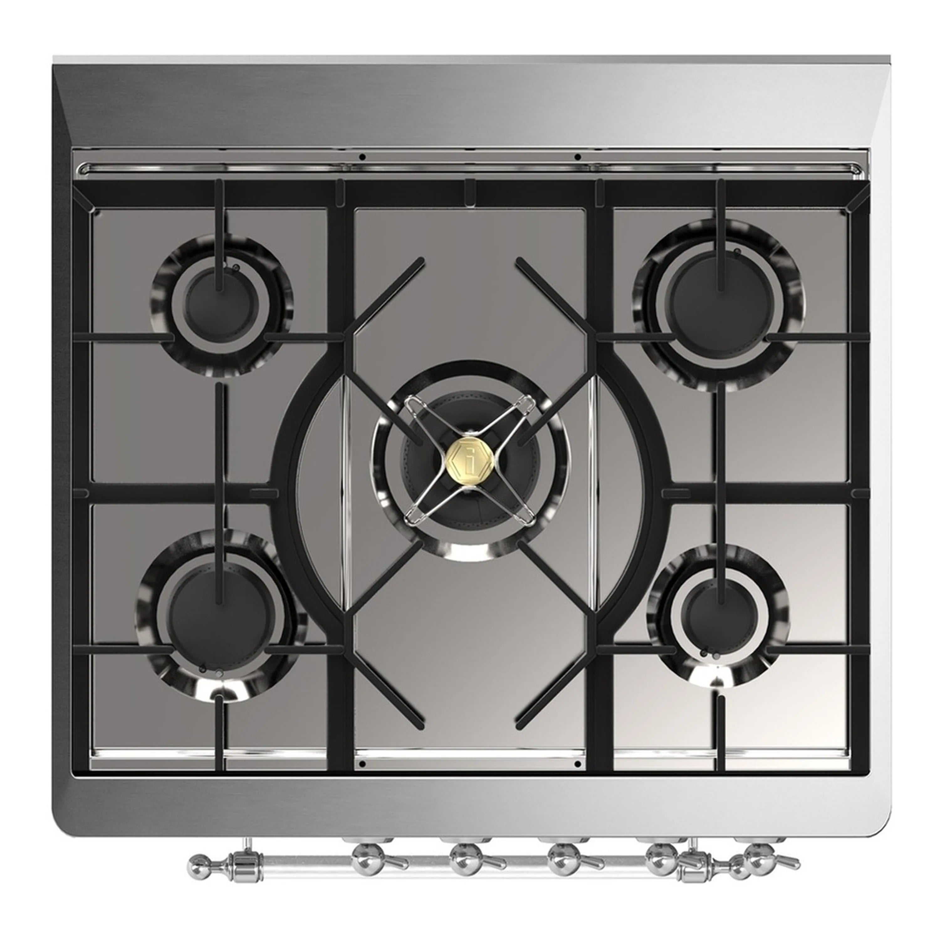 Antique white dual fuel range cooktop with four burner openings and central cap