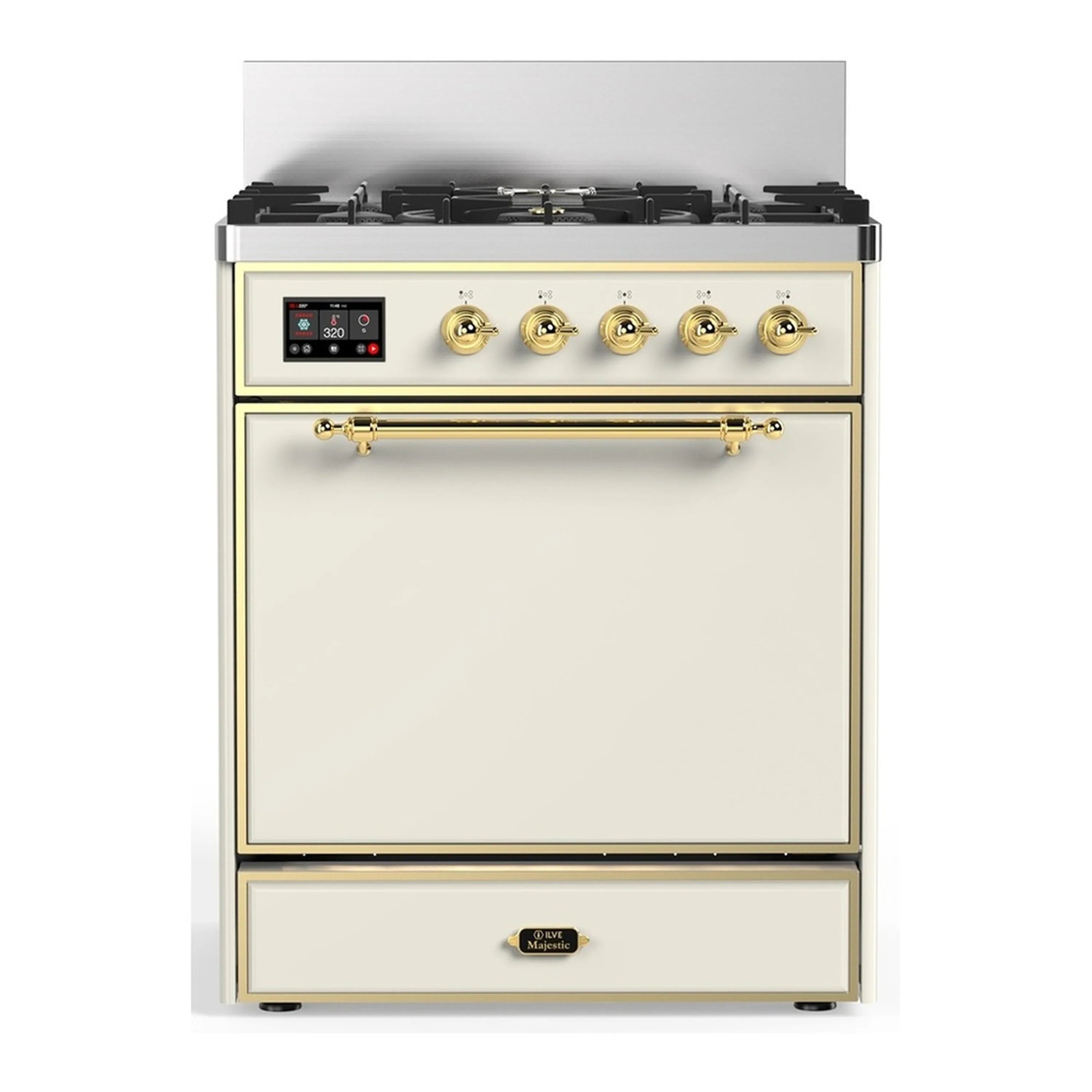 Antique white dual fuel range with brass control panel and five black burner grates