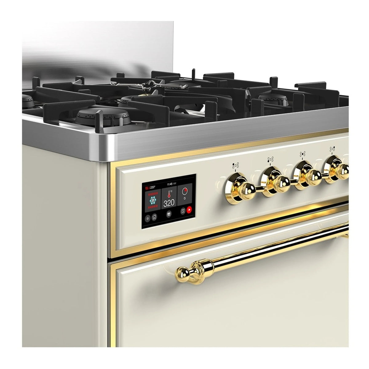 Antique white range control panel with brass knobs and black cooktop grates