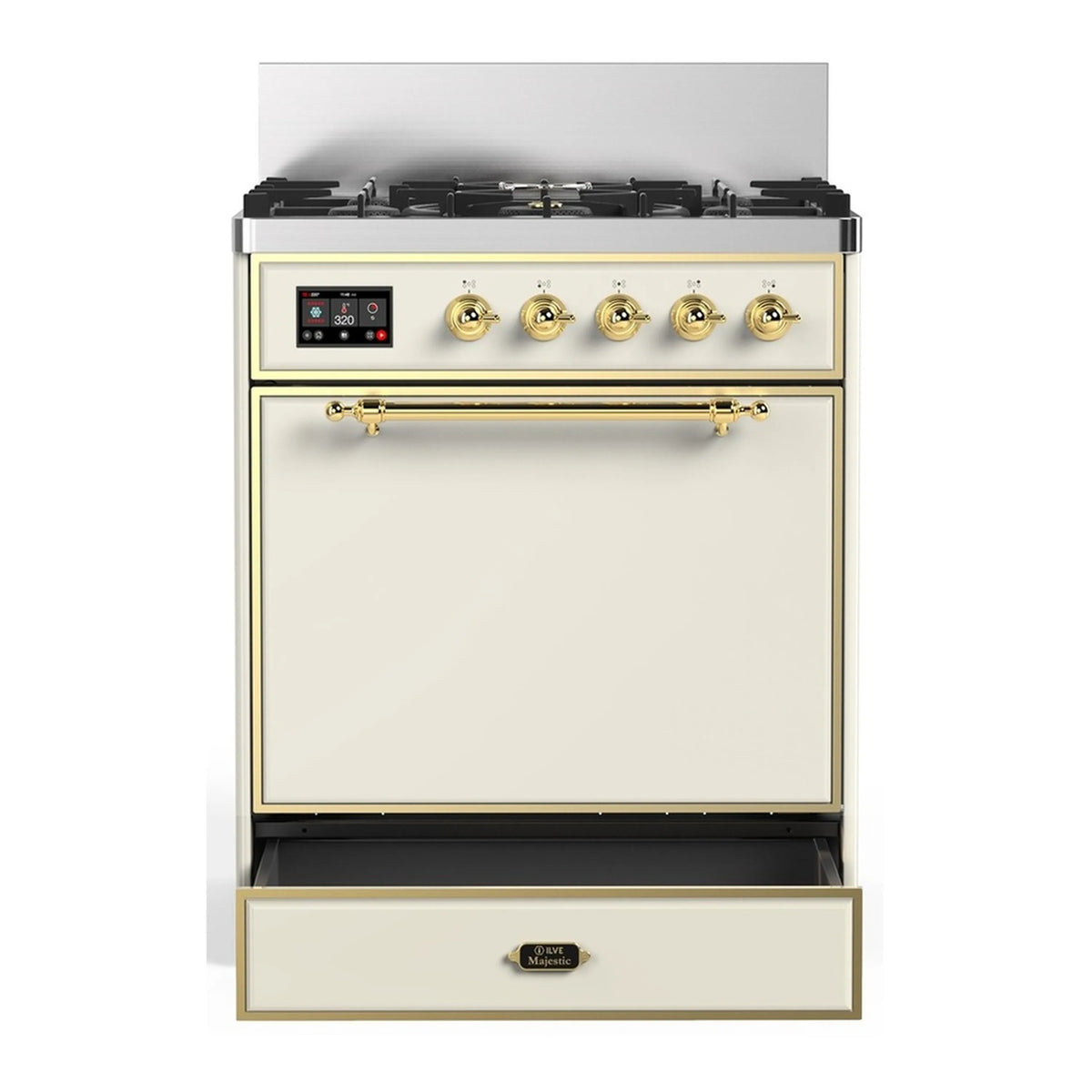 Antique white dual fuel range with brass trim, glass oven door, and warming drawer