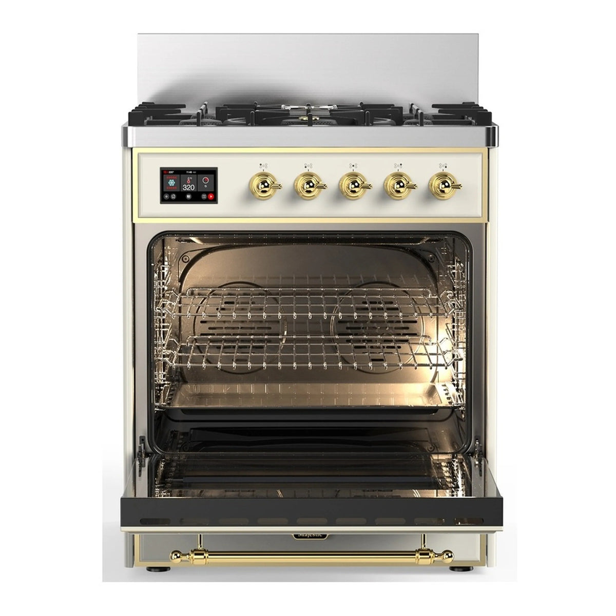 Antique white oven door open, showing oven rack and interior with brass trim