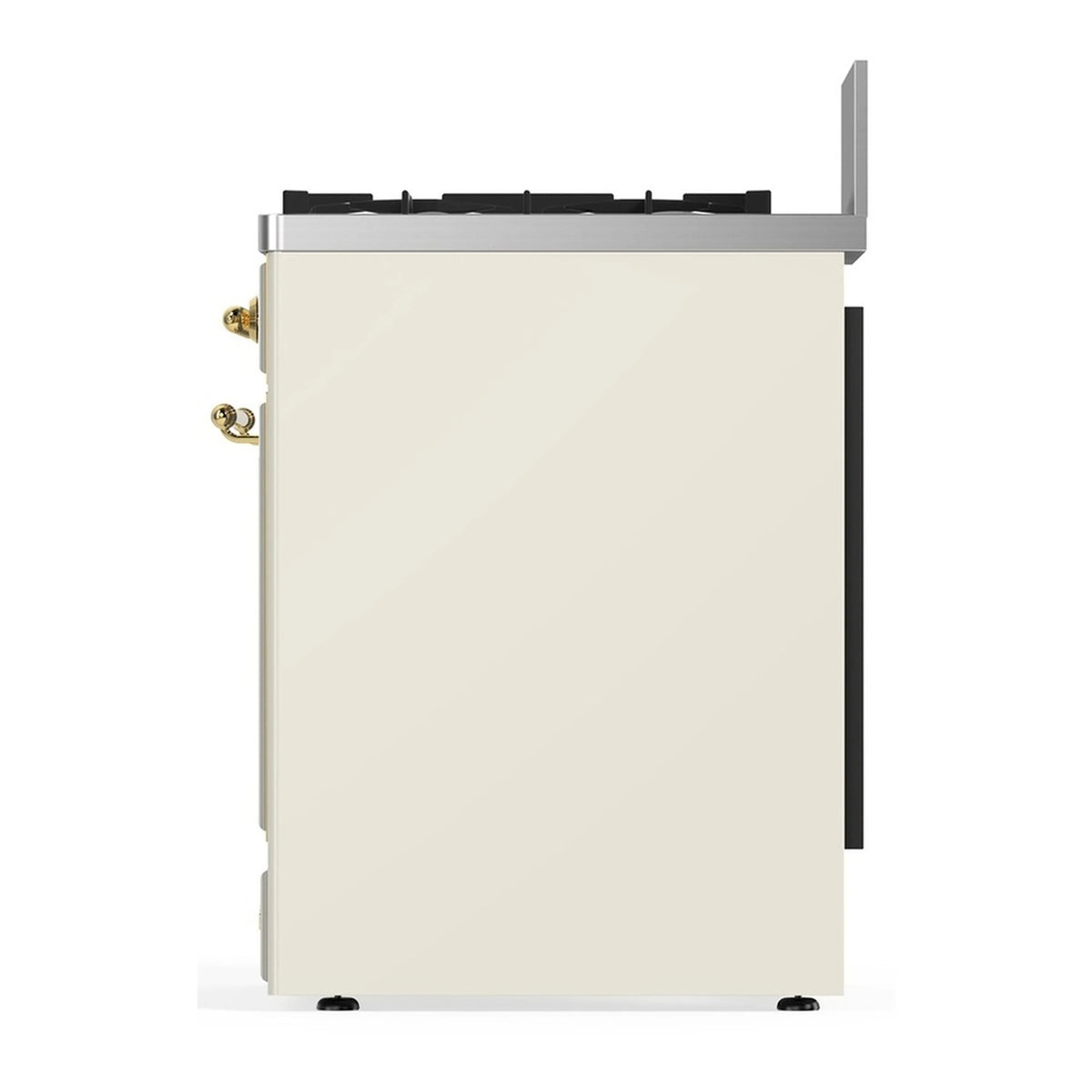 Antique white range side panel with brass handle accents and black feet