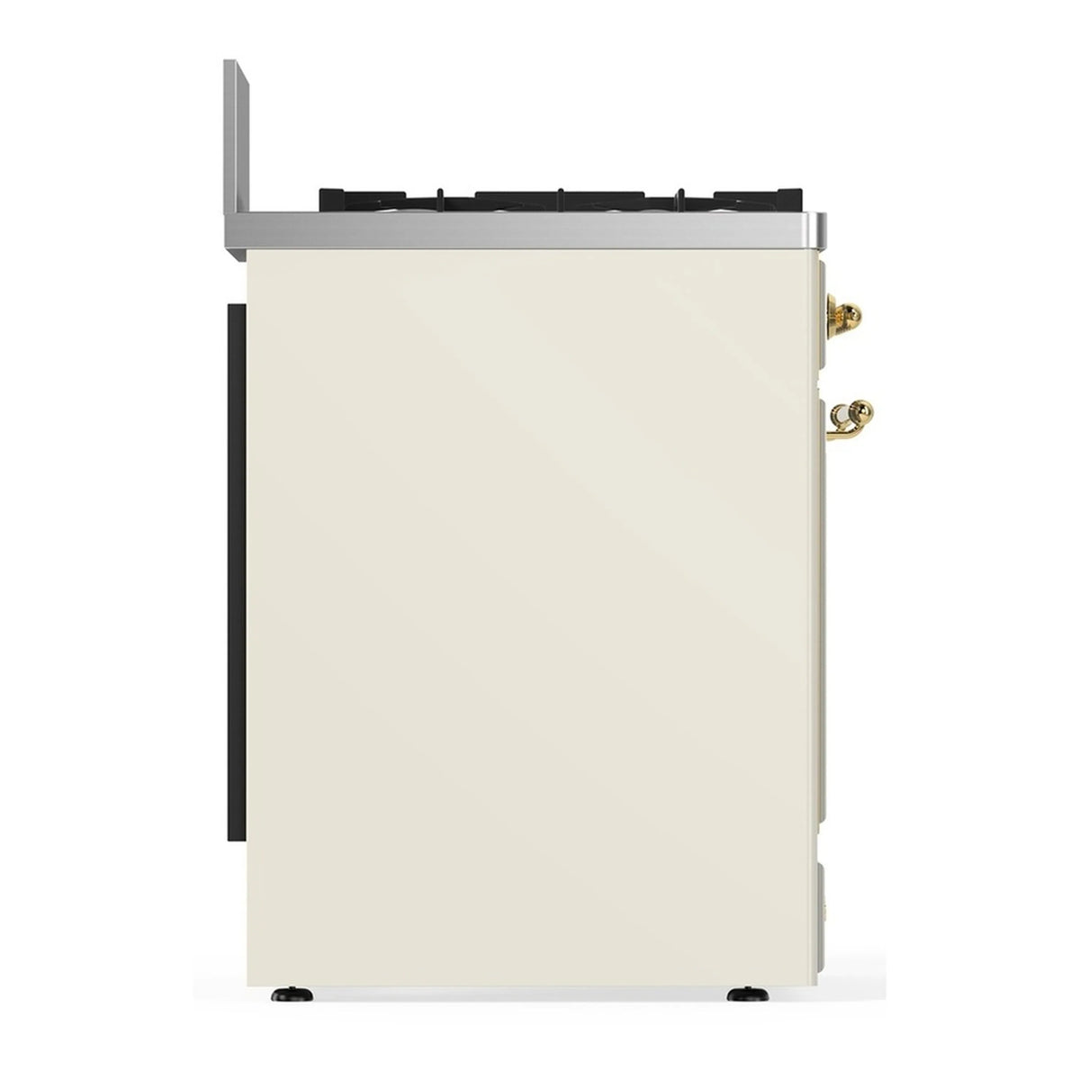 Antique white side panel of a dual fuel range with brass handle and black base trim