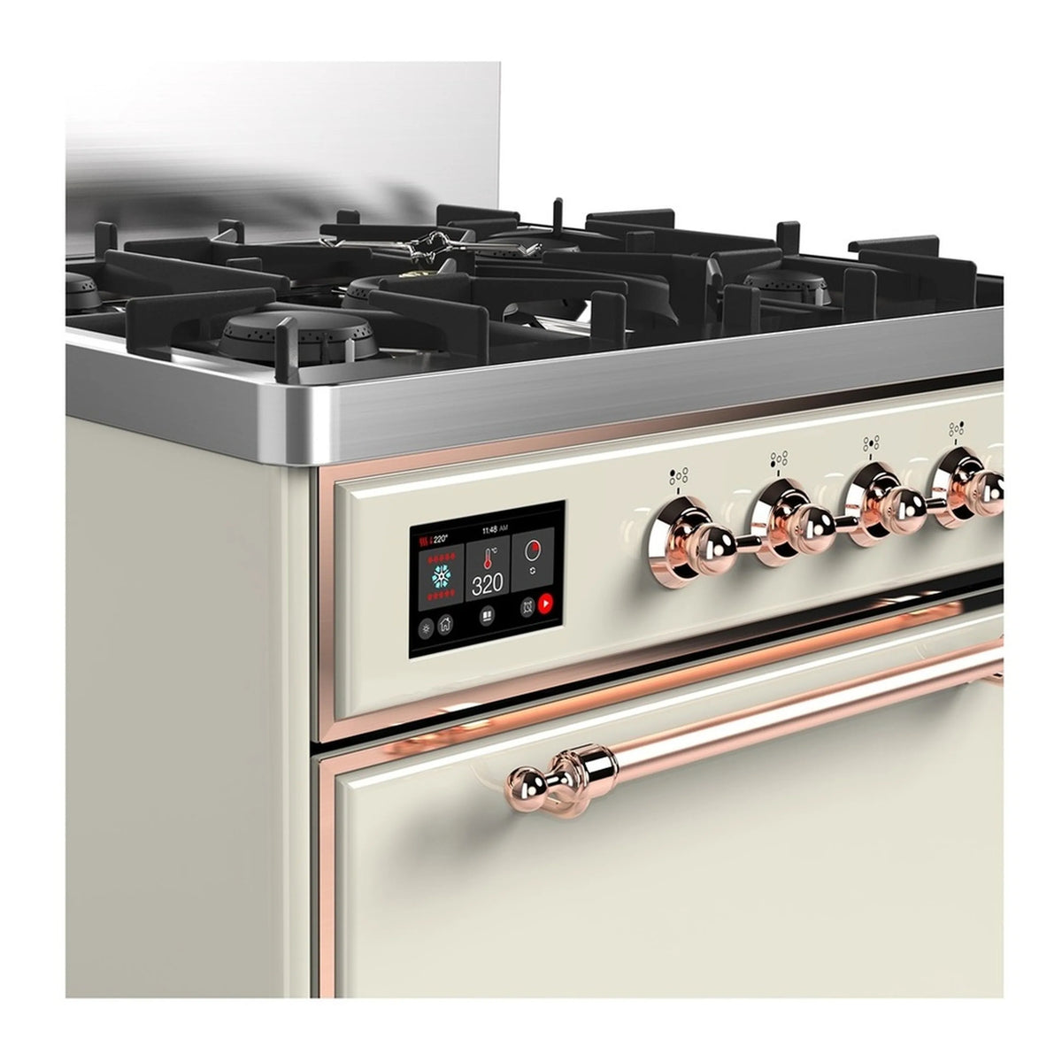 Antique white range top with black grates, copper control knobs, and digital display