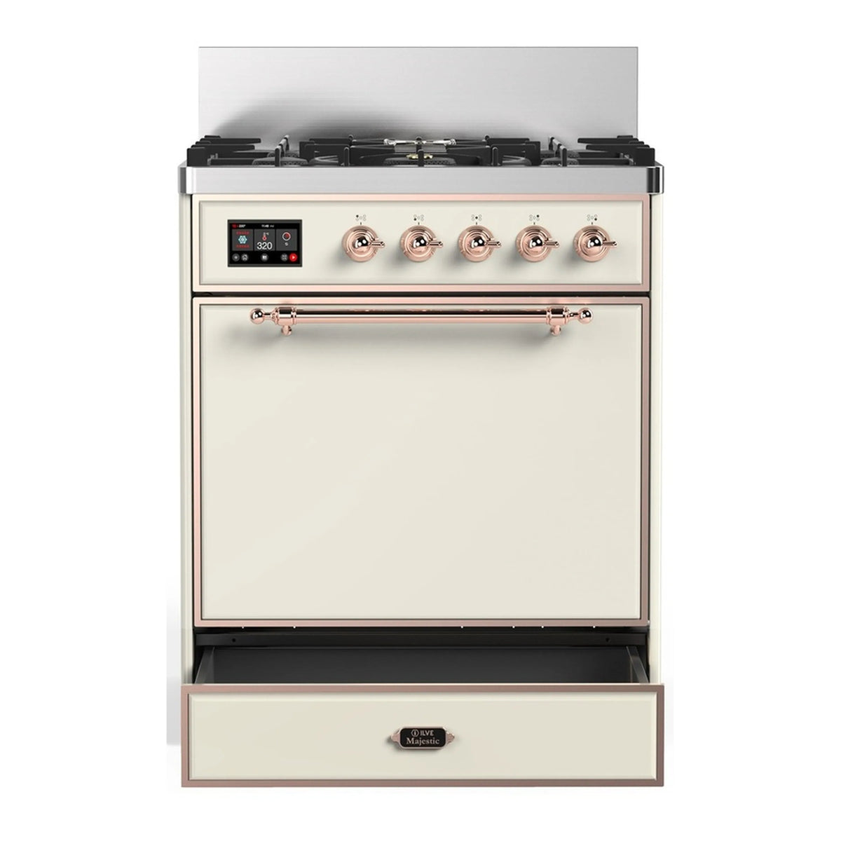 Antique white dual fuel range front view with copper handles, black cooktop and display