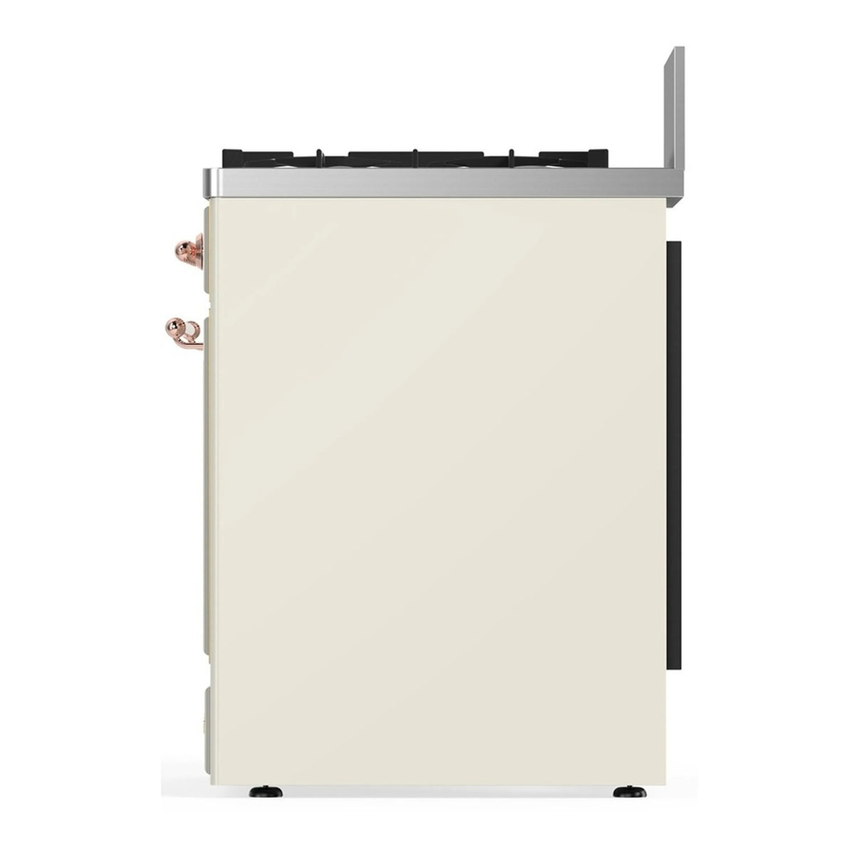 Antique white side panel for dual fuel range with copper knob accents