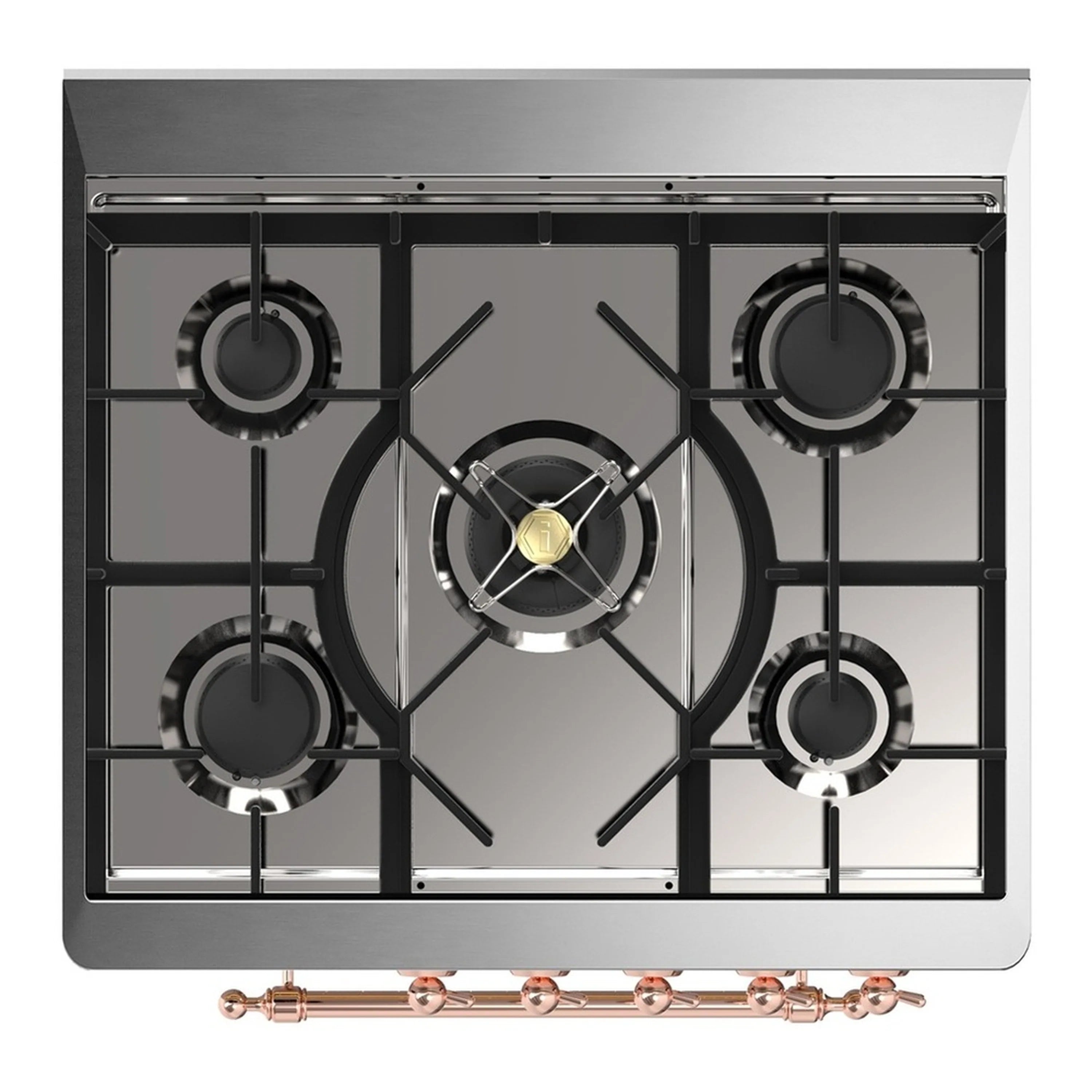 Dual fuel range cooktop with five burners, black grates, and copper control bar