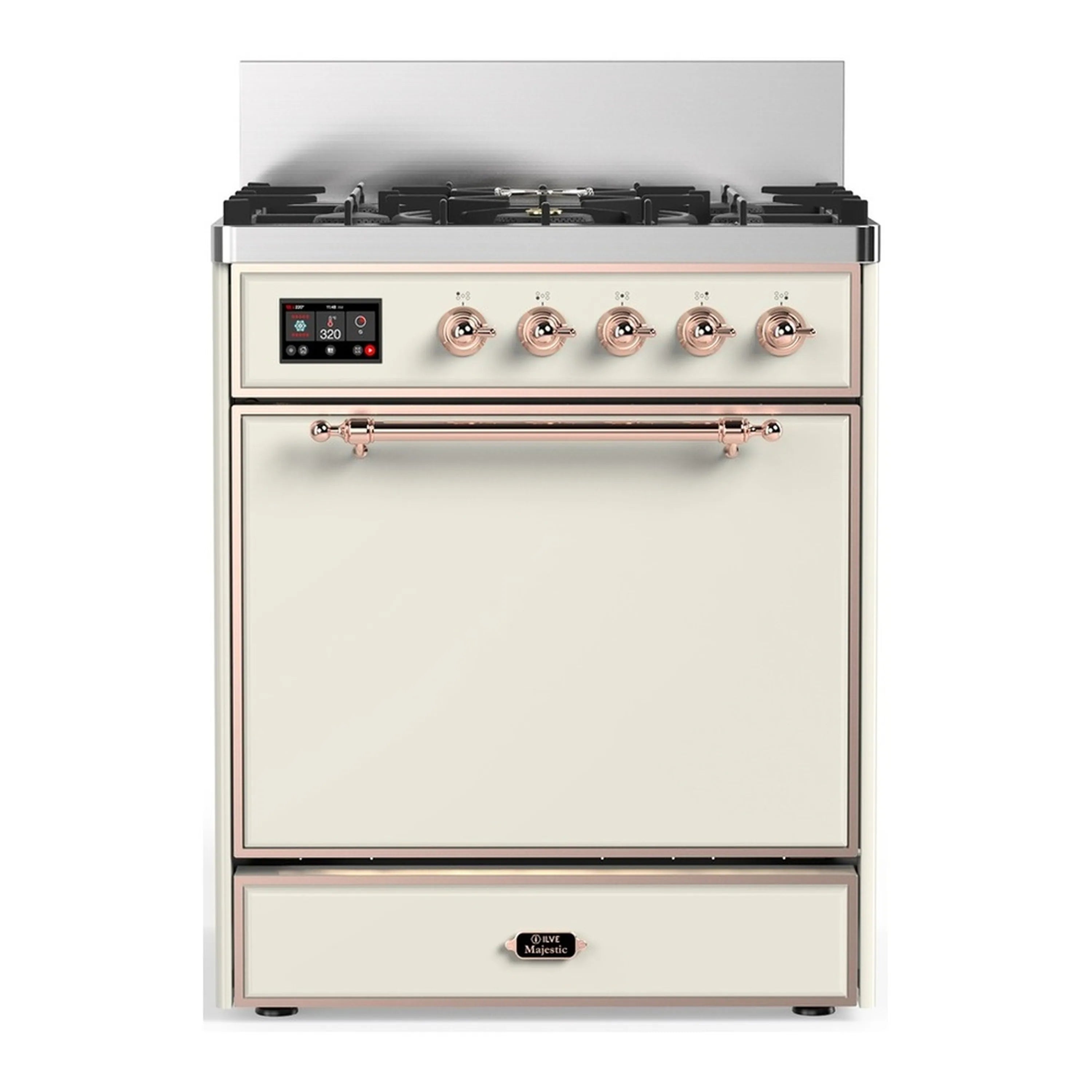 Antique white dual fuel range with copper trim, 5 black burners, and control panel
