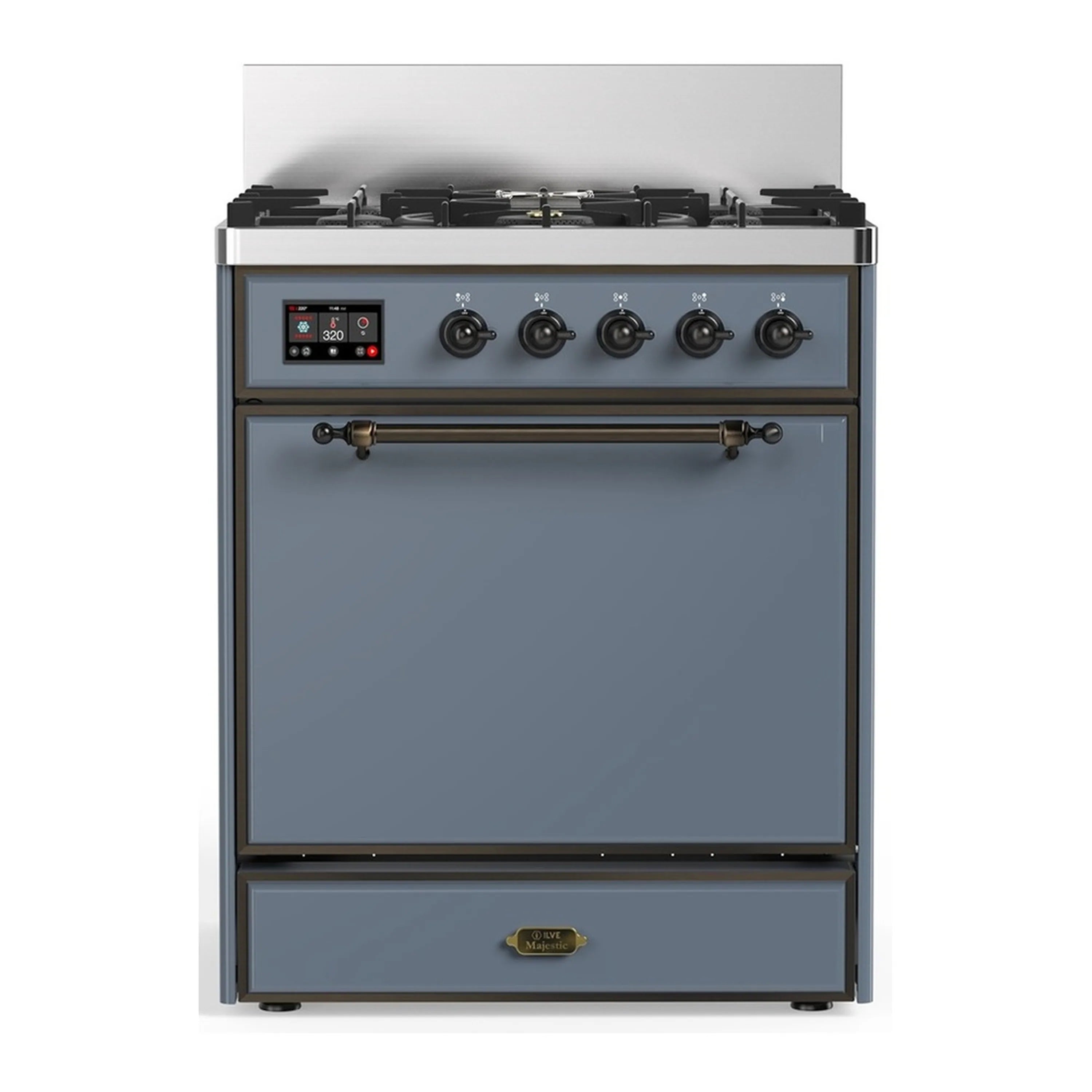 ILVE Majestic III dual fuel range in blue grey with 5 natural gas burners and knobs