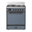 ILVE Majestic III 30-inch Dual Fuel Range with 5 Natural Gas Burner and Solid Door Electric Oven in Blue Grey with Burnished Trim (UM30QNR3BGB)