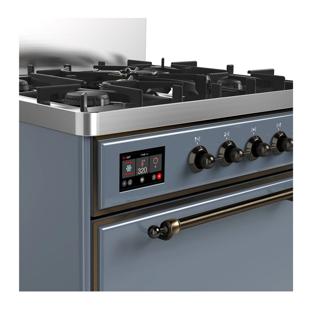 Blue grey range cooktop with 5 black burners, control display, and bronze/gold knobs