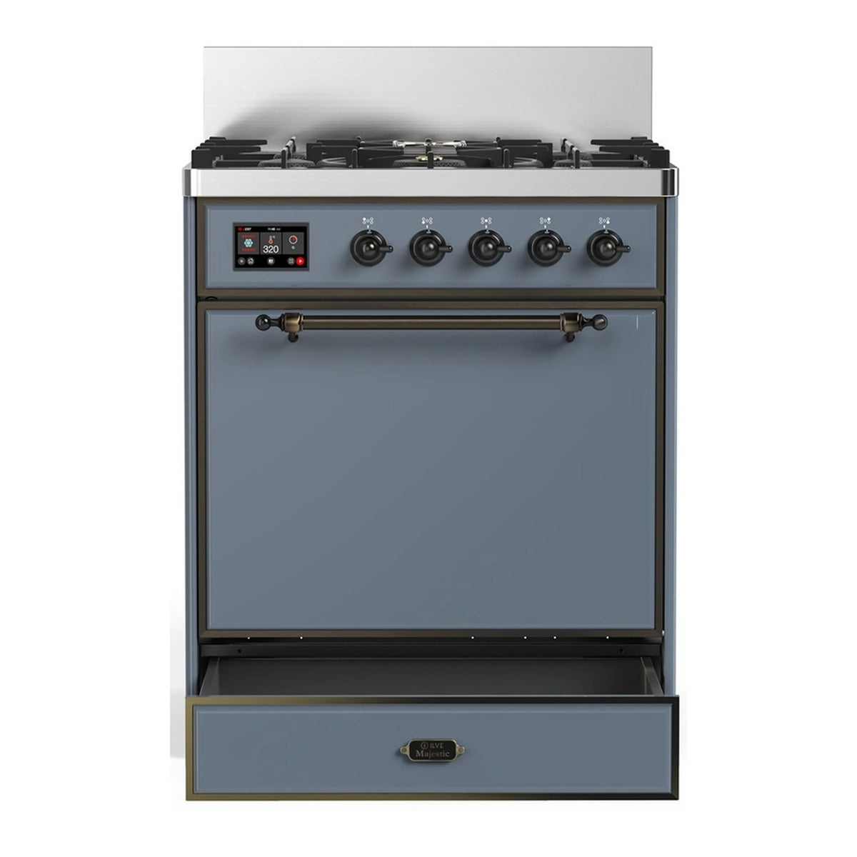 Dual fuel range with blue grey oven door, brass bar handles, and lit control display