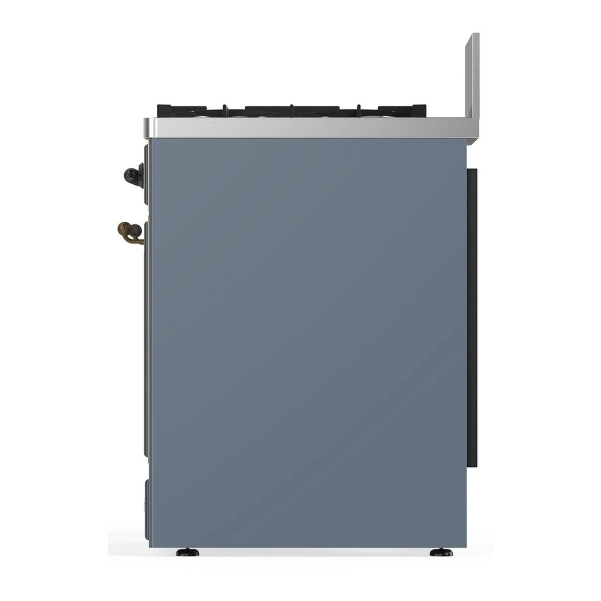 Dual fuel range side/back view with blue grey panel and vented top edge