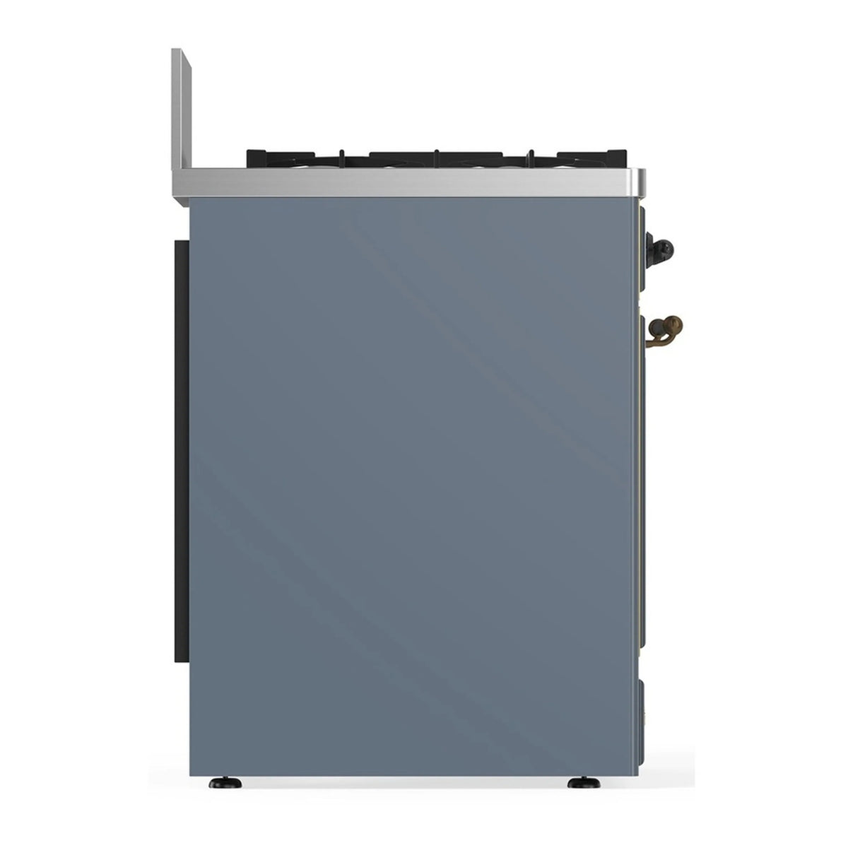 Blue grey range end view with burner back ledge and rear-side fittings
