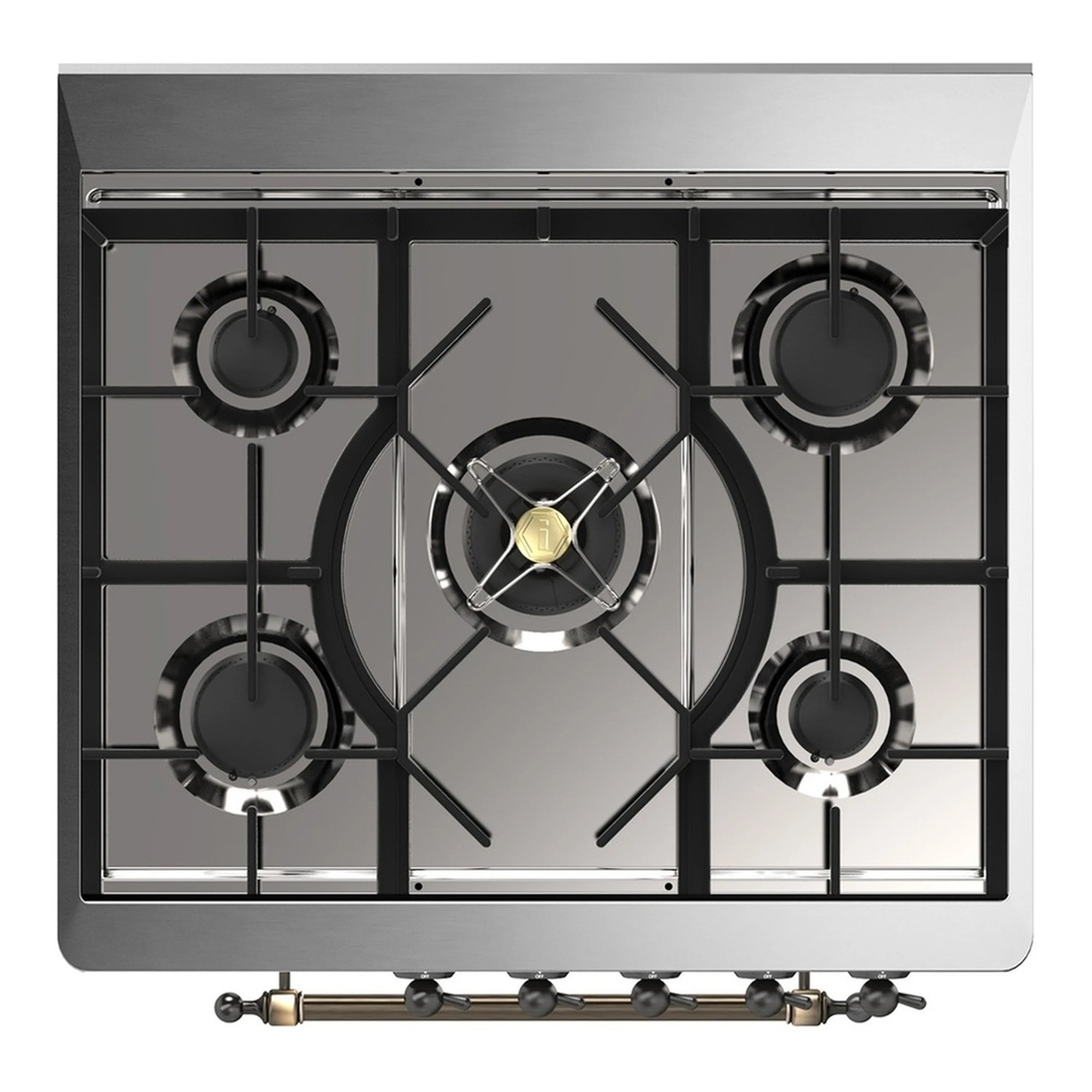 Blue grey dual fuel range cooktop with 5-burner grates and round black burner caps
