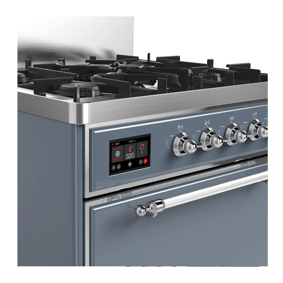 Blue-grey range cooktop and control panel with chrome knobs