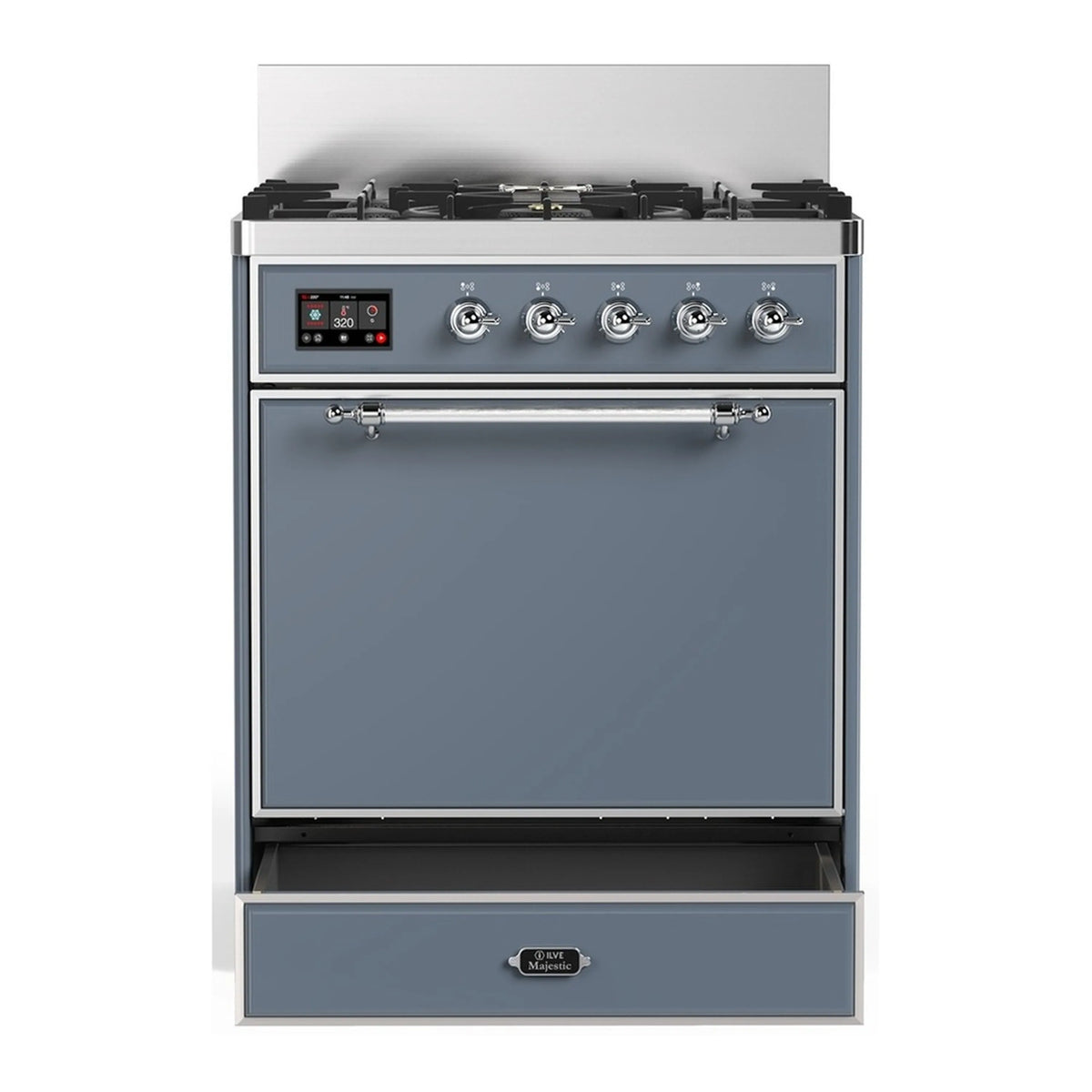 Blue-grey dual fuel range with chrome trim, burner knobs and oven door