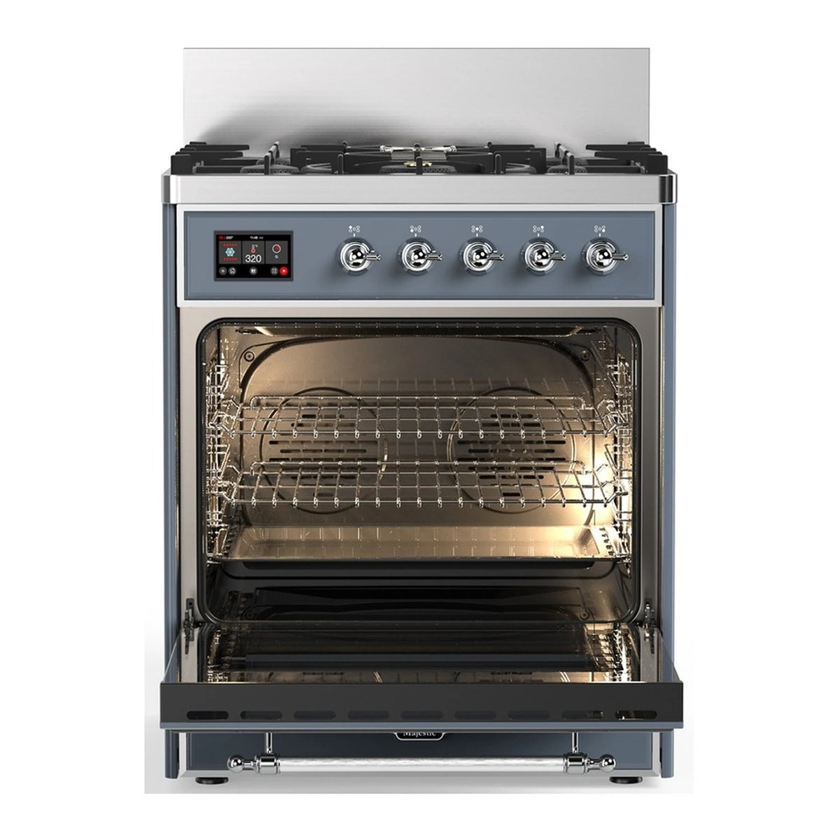 Blue-grey dual fuel range with open electric oven showing racks and interior light