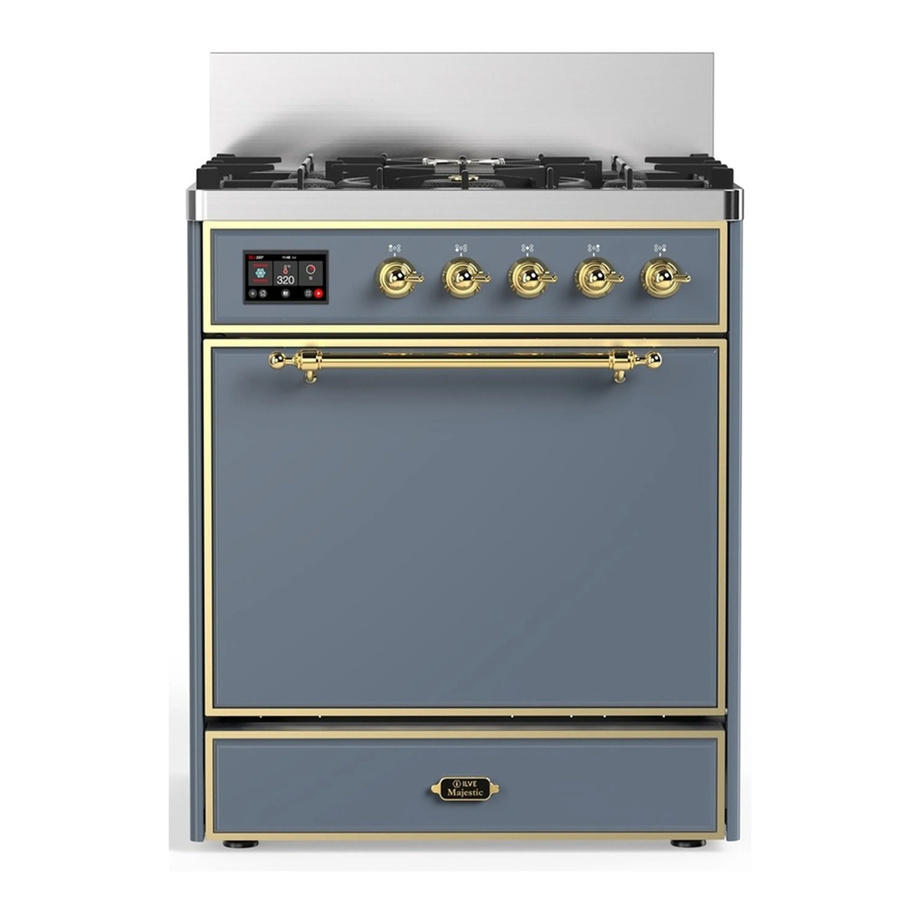 Blue-grey dual fuel range with brass trim, five gas burners, and solid oven door