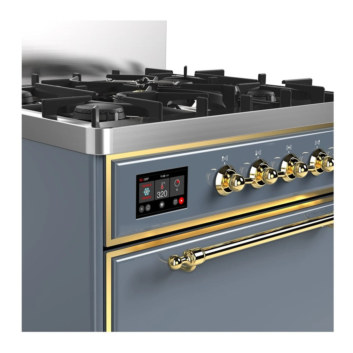 Side view of blue-grey range with brass controls and five gas burner knobs