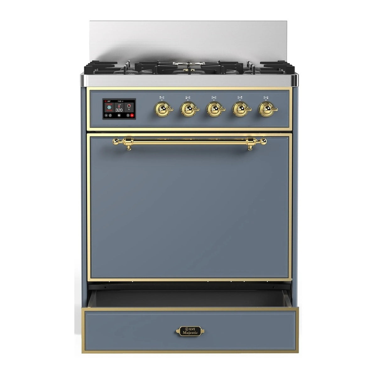 ILVE Majestic III dual fuel range front view, blue grey body with brass trim and burner panel