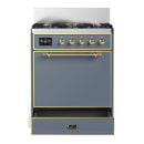 ILVE Majestic III 30-inch Dual Fuel Range with 5 Liquid Propane Burner and Solid Door Electric Oven in Blue Grey with Brass Trim (UM30QNR3BGGLP)