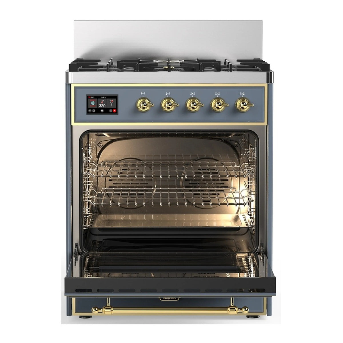 ILVE Majestic III range with oven door open, blue grey interior rack and brass handle