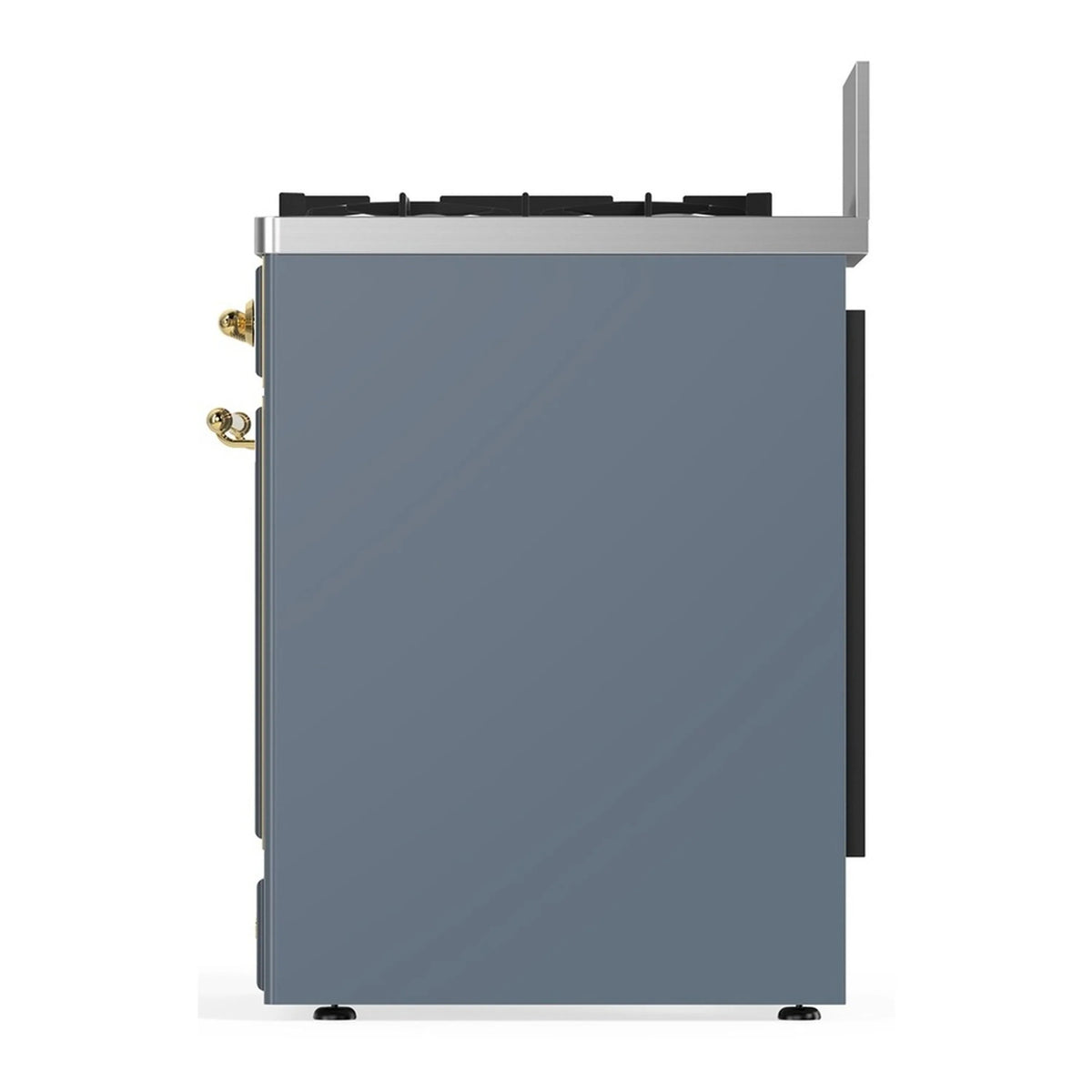 ILVE Majestic III range side panel in blue grey with brass trim and corner details