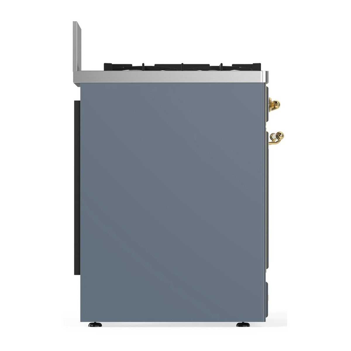 ILVE Majestic III range rear side panel in blue grey with brass fittings and vent top