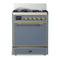 ILVE Majestic III 30-inch Dual Fuel Range with 5 Natural Gas Burner and Solid Door Electric Oven in Blue Grey with Brass Trim (UM30QNR3BGG)