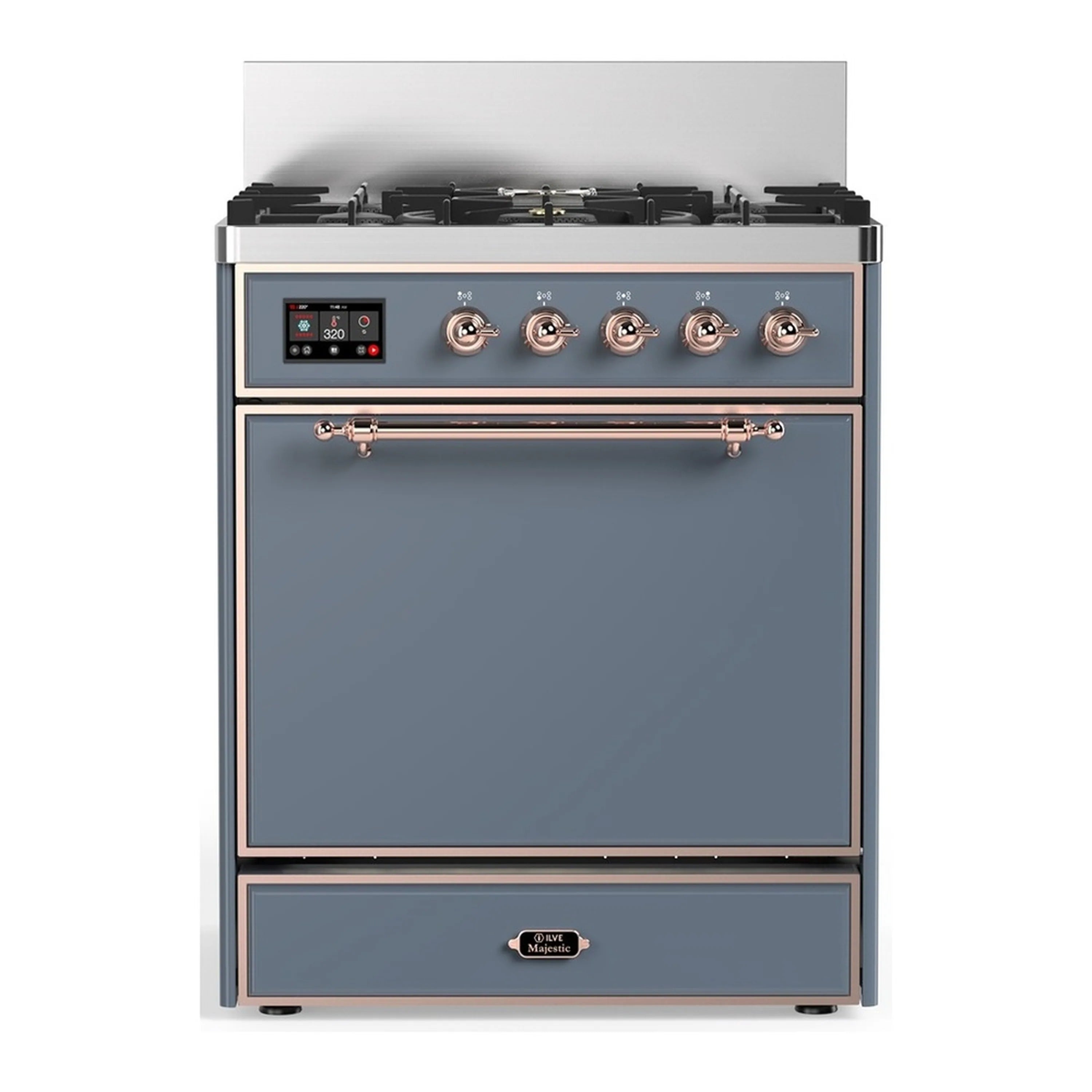 ILVE dual fuel range front view with blue-grey oven door, copper handle and control panel