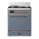ILVE Majestic III 30-inch Dual Fuel Range with 5 Liquid Propane Burner and Solid Door Electric Oven in Blue Grey with Copper Trim (UM30QNR3BGPLP)