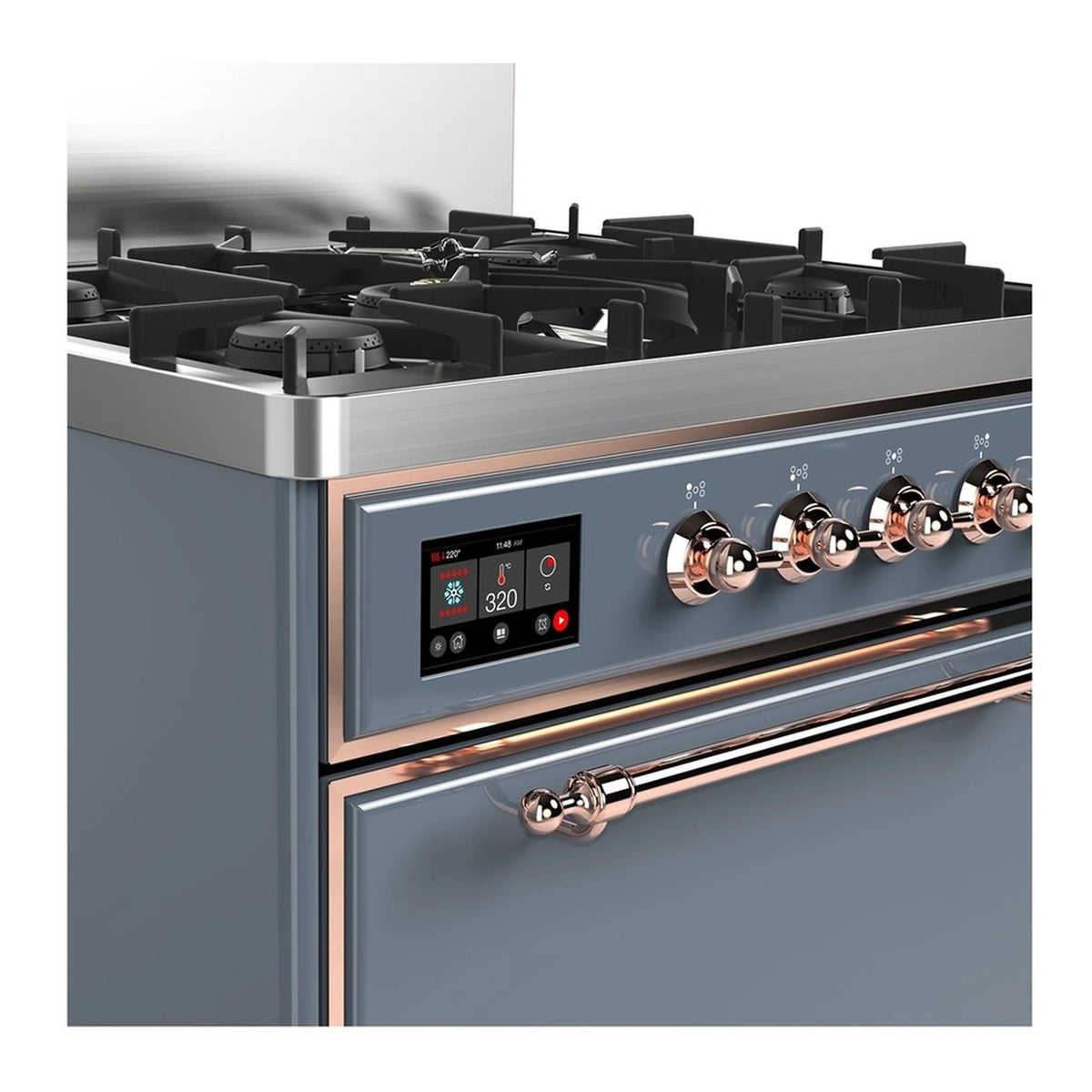 ILVE dual fuel range, blue-grey cooktop controls with copper-trimmed knobs and burners