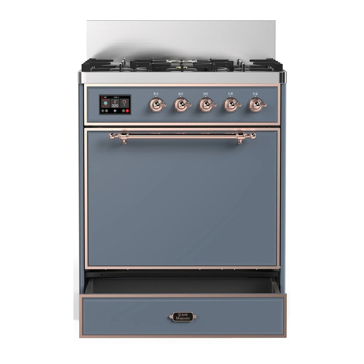 ILVE dual fuel range front view in blue-grey with copper handles, burners and oven door