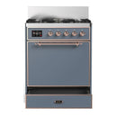 ILVE Majestic III 30-inch Dual Fuel Range with 5 Liquid Propane Burner and Solid Door Electric Oven in Blue Grey with Copper Trim (UM30QNR3BGPLP)