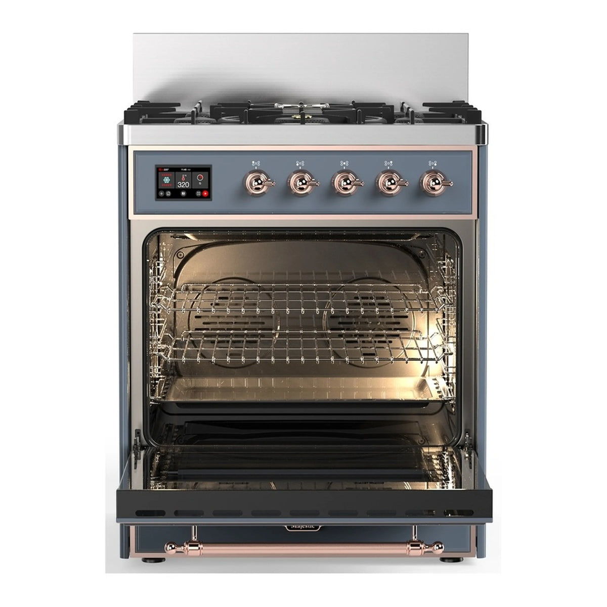 ILVE dual fuel range oven interior with wire racks and reflective baking cavity