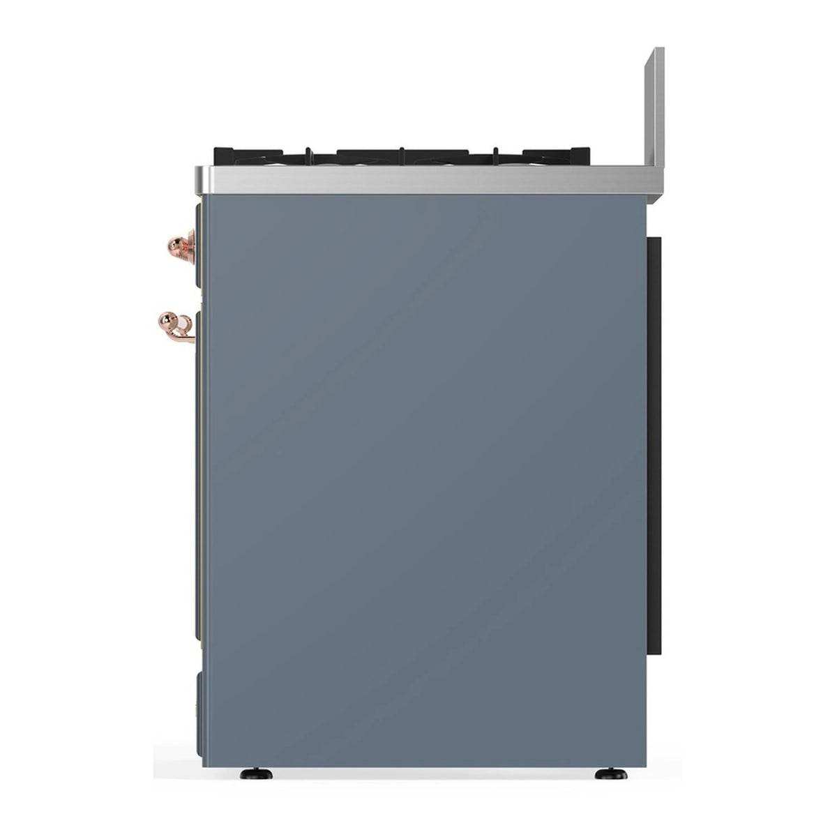 ILVE dual fuel range side panel in blue-grey with copper control knobs and feet