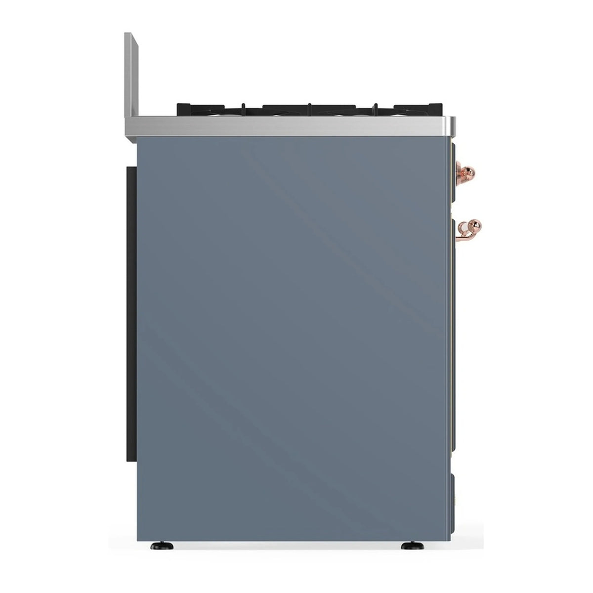 ILVE dual fuel range back panel in blue-grey with copper knob accents and legs