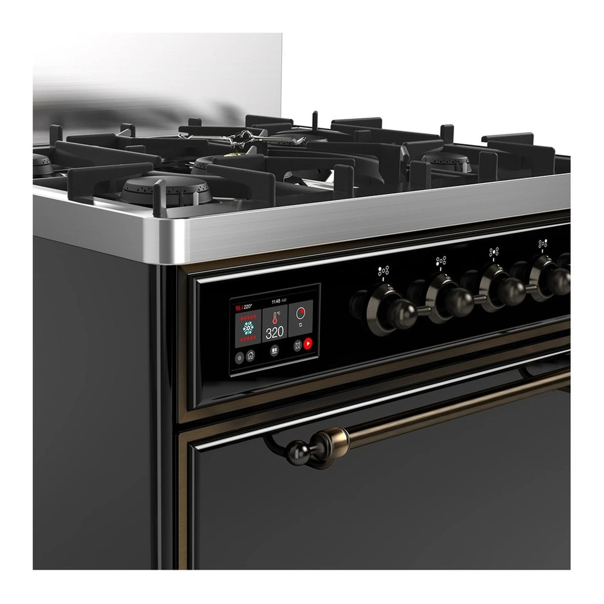ILVE range control panel close-up with digital display and glossy black burner knobs