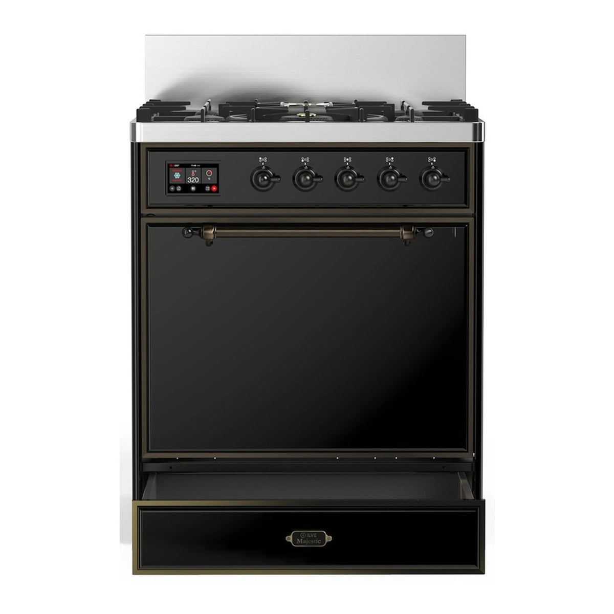 ILVE Majestic dual fuel range, glossy black front with lower storage drawer and oven door