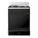 ILVE Majestic III 30-inch Dual Fuel Range with 5 Liquid Propane Burner and Solid Door Electric Oven in Glossy Black with Burnished Trim (UM30QNR3BKBLP)