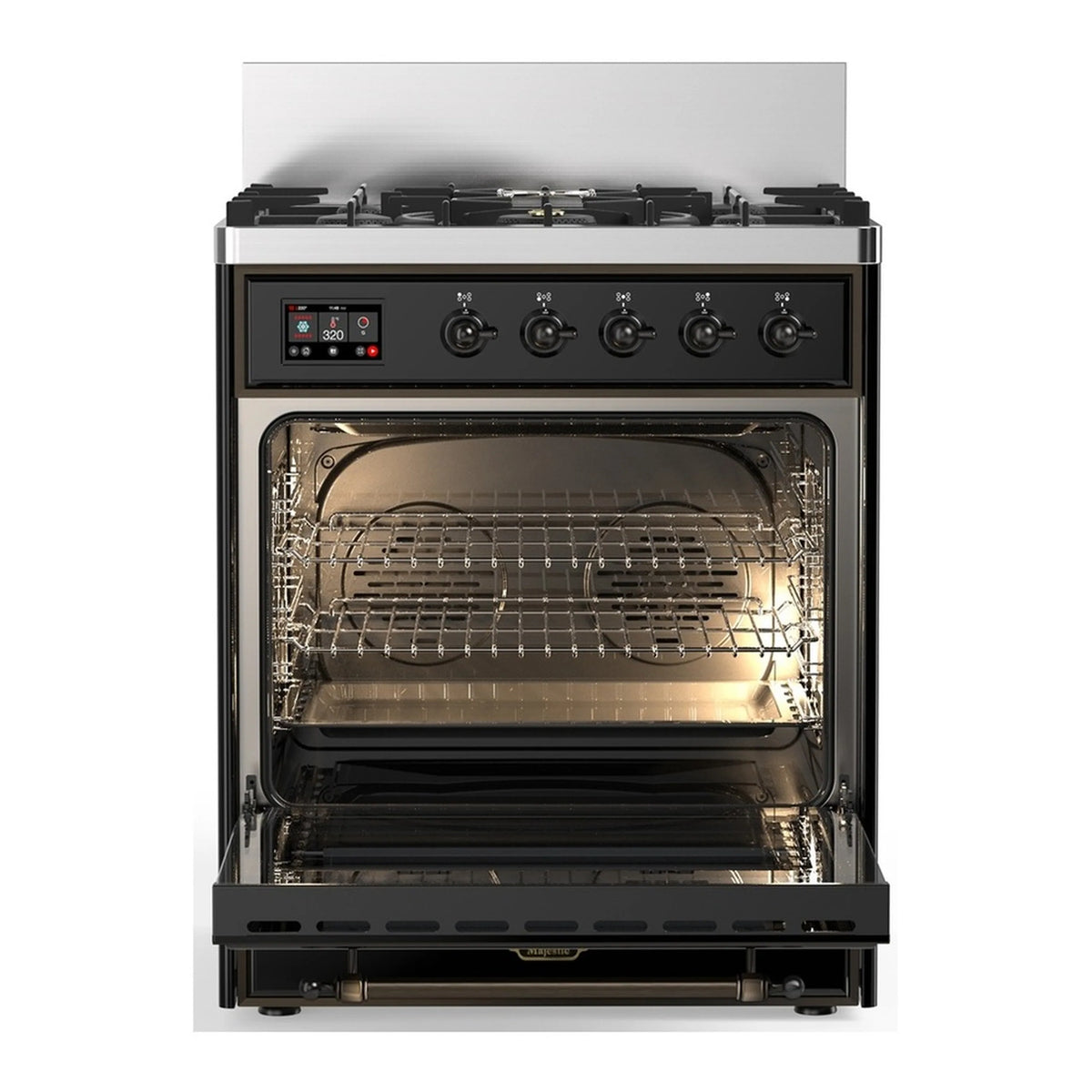Glossy black electric oven door open, showing racks inside dual fuel range