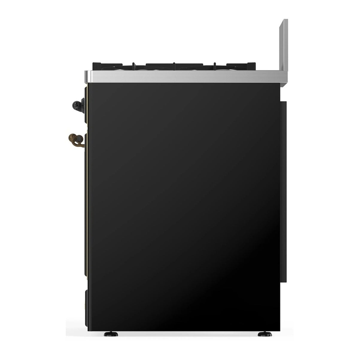 ILVE Majestic dual fuel range, glossy black side panel with brass trim and control area