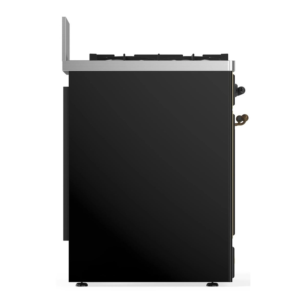 Glossy black dual fuel range, rear side view with side panels and rear openings