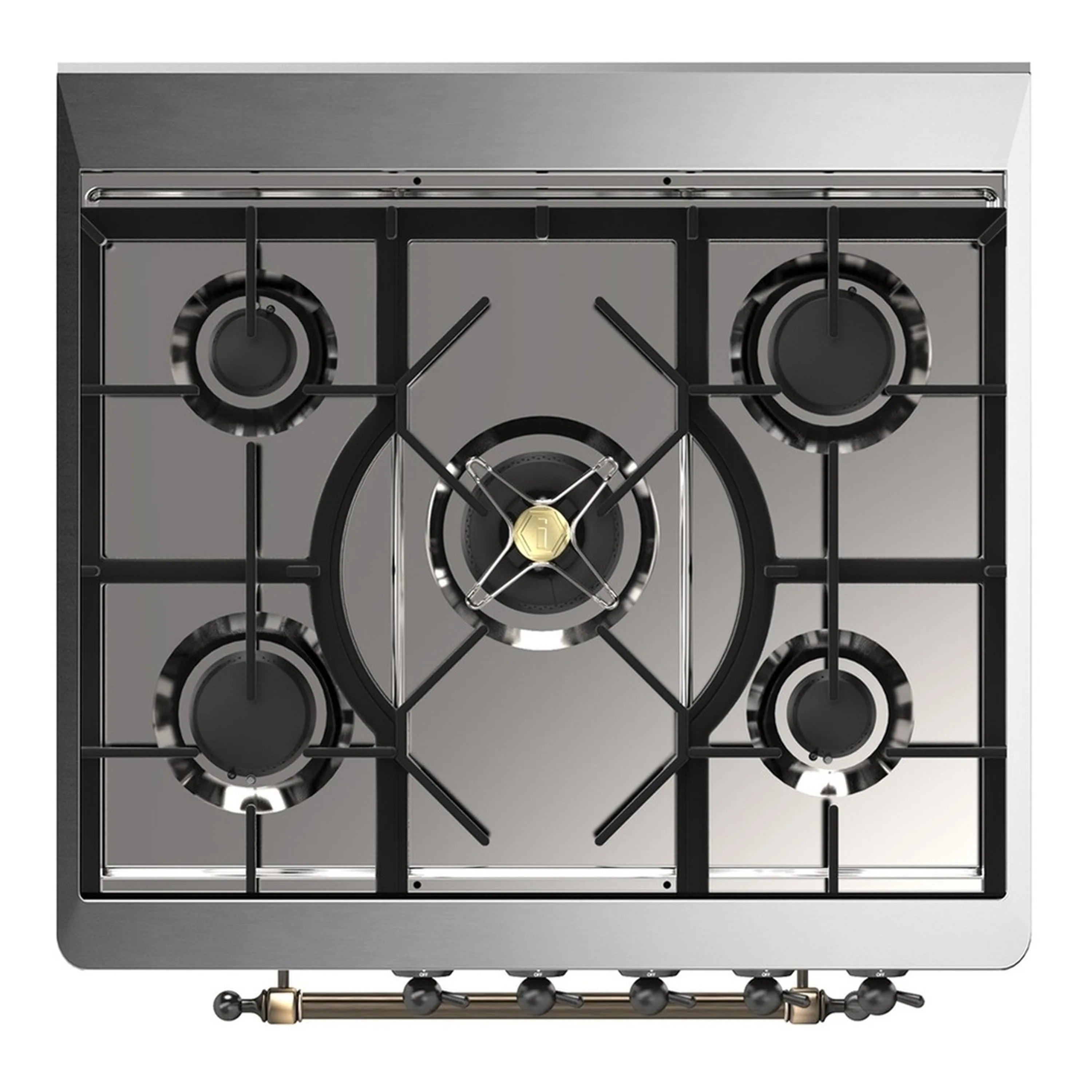 Gas cooktop with five burners, black grates, and stainless burner bases