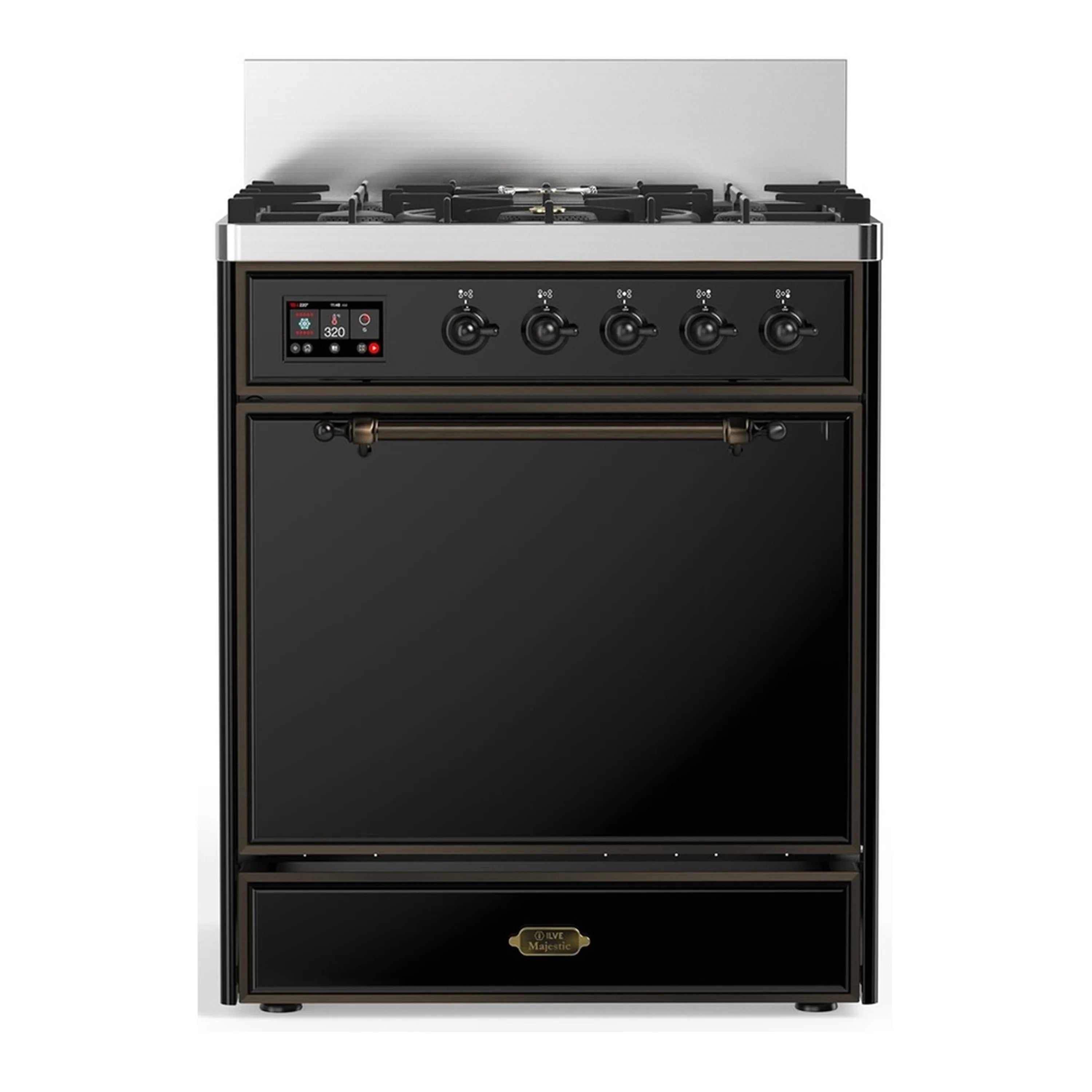 ILVE Majestic dual fuel range, glossy black front with oven door and control panel