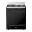 ILVE Majestic III 30-inch Dual Fuel Range with 5 Liquid Propane Burner and Solid Door Electric Oven in Glossy Black with Burnished Trim (UM30QNR3BKBLP)