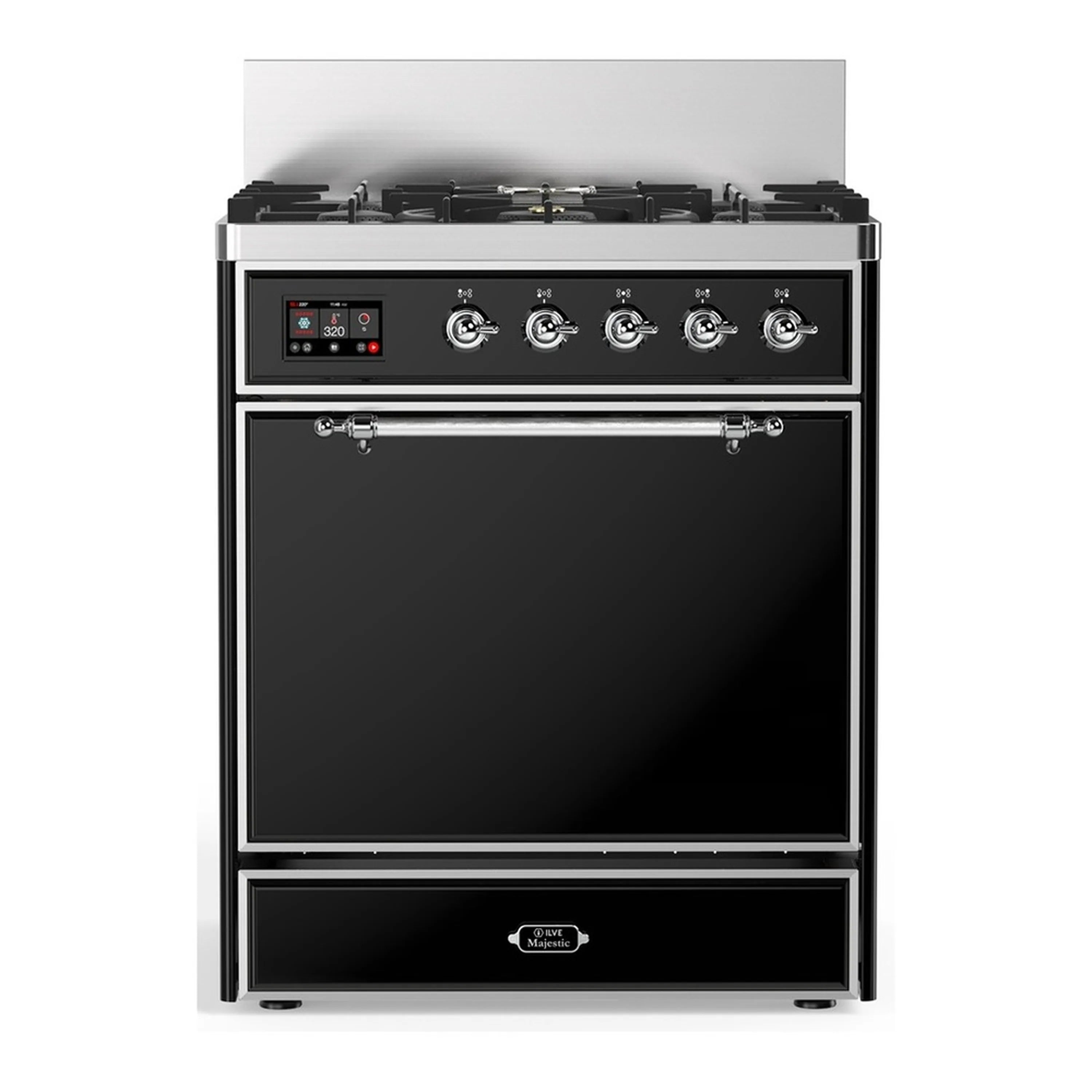 ILVE 30-inch dual fuel range in glossy black with chrome trim, five-burner cooktop and oven door